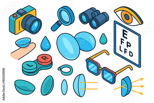 Vision and optometry flat icon set. featuring eye test, contacts, eyeglasses, magnifier, and camera symbols