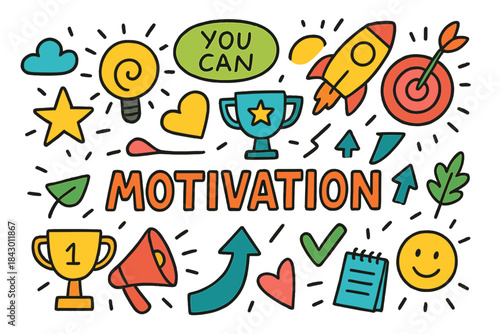 Motivation doodle icon set. featuring trophy, target, rocket, arrow, smiley, heart, cloud, and notebook symbols