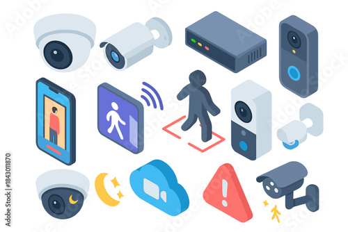 Security and surveillance 3d icons set. featuring cctv, camera, alarm, cloud, doorbell, and motion detector symbols