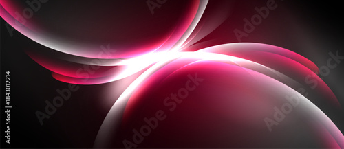 Abstract design features flowing shapes, vibrant pinks, whites against dark background. Dynamic composition evokes energy, movement.