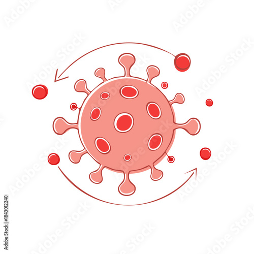Pink Virus Particle Illustration with Circular Arrows Representing Transmission