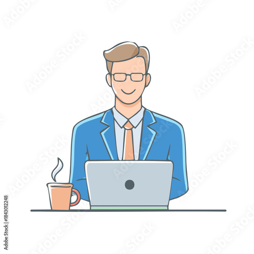 Man working on laptop with coffee in office outline illustration