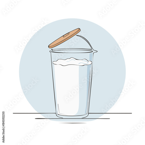Graphic illustration of a tall glass filled with milk and topped with a wooden lid, minimal art