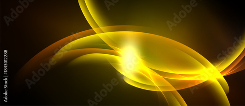 Abstract golden lines create luminous curves. Bright center radiates warmth against dark background. Smooth gradients define shapes.