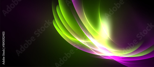 Abstract swirls, vibrant green, purple hues blend. Light radiates from center, creating dynamic energy. Dark background emphasizes luminosity.