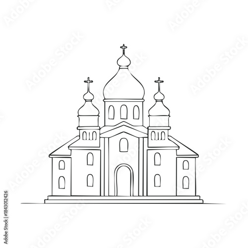 Monochrome outline drawing of Orthodox church illustration with cross architectural exterior design, simple illustration with no fill isolated on white