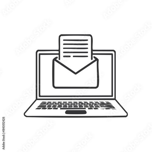 Laptop Computer Displaying Email Message Envelope Interface Hand Drawn Vector