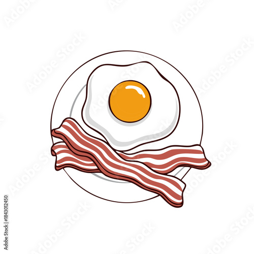 Top view of fried egg and bacon strips on a plate for breakfast meal, cartoon food illustration, healthy eating