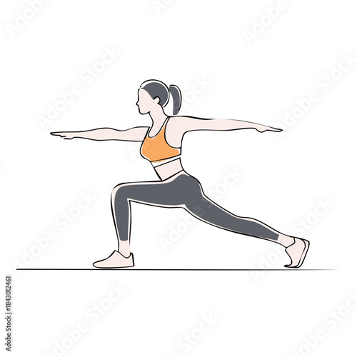 Woman practicing yoga pose with arms extended fitness and wellness concept in simple line art illustration