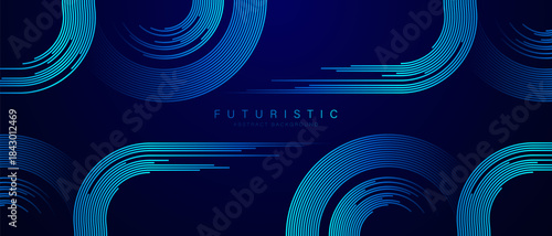 Abstract glowing circle lines on dark blue background. Geometric stripe line art design. Modern shiny blue lines. Futuristic technology concept. Vector illustration