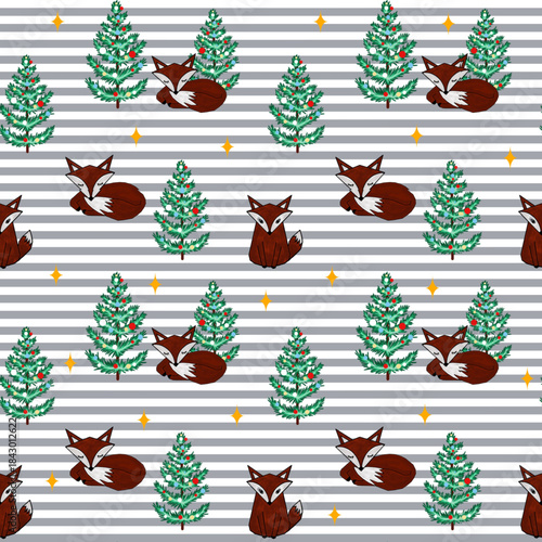 Repeating pattern of brown foxes and decorated green Christmas trees, on background of gray and white horizontal stripes