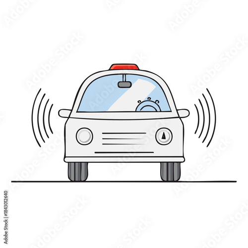 Cartoon Self Driving Vehicle with Red Light and Signal Waves