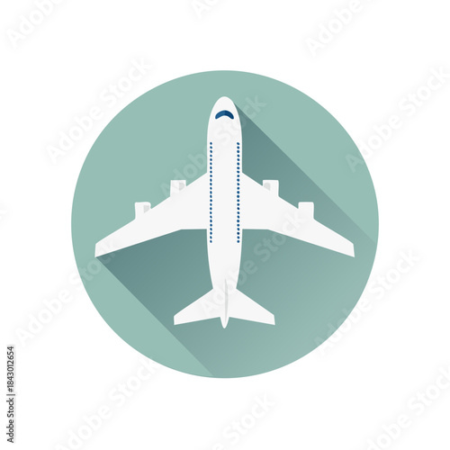 Airplane Icon Viewed From Top in Flat Design with Extended Shadow on Circular Pale Green Background for Travel or Transportation Themes