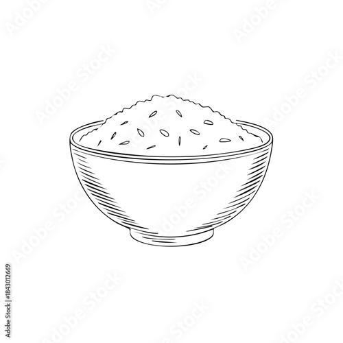 Hand-drawn bowl of rice for menu or food illustration in black and white graphic style