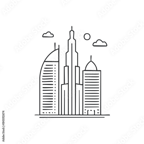 Dubai skyline linear illustration of famous buildings in United Arab Emirates