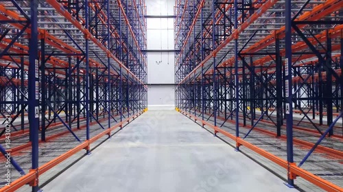 Interior of isle inside a modern warehouse with empty racking system design for cold storage