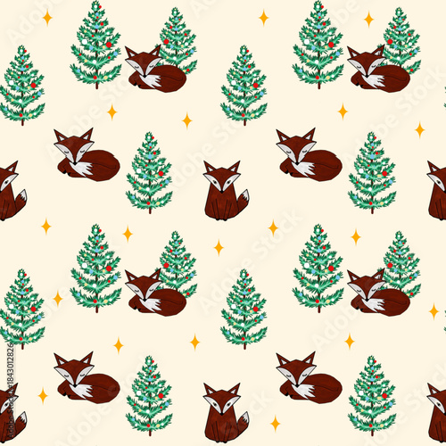 seamless pattern illustration of brown fox and fir tree with star decoration on cream background
