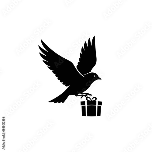 A black silhouette of a bird in flight carrying a small gift box with a bow, isolated on a white background.