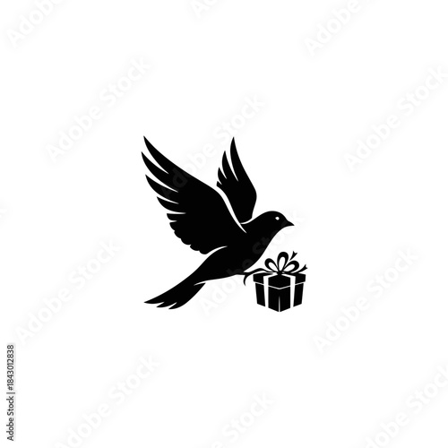 A black silhouette of a dove flying and carrying a small gift box with a bow, symbolizing delivery or a special message.