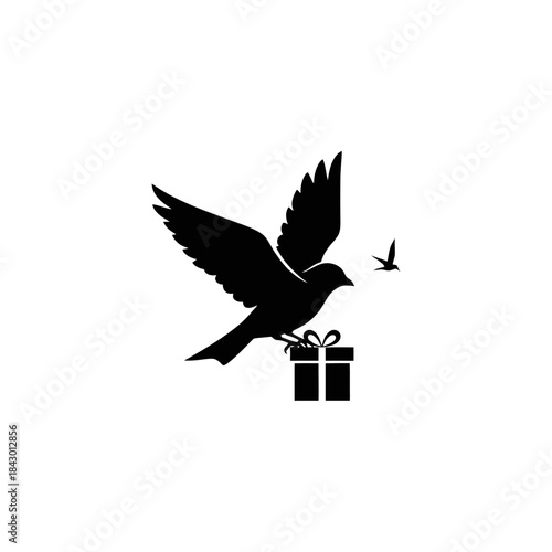 A black silhouette of a flying bird carrying a gift box, with another smaller bird in the distance, on a white background.