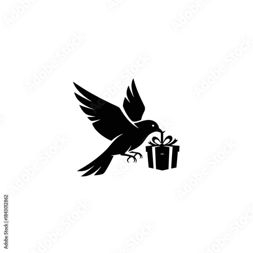 A black silhouette of a bird in flight carrying a gift box, with another smaller bird flying in the distance, on a white background.