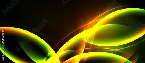Abstract design features vibrant yellow, green curves against dark background. Light radiates from center, creating dynamic visual effect.