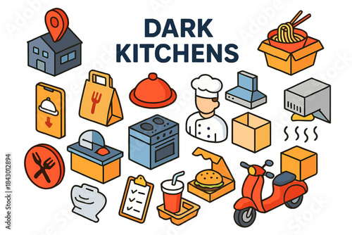 Dark kitchens flat icon set. featuring delivery, chef, oven, takeout, scooter, food box, utensils, and checklist