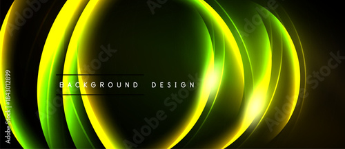 Abstract neon lines form oval shapes. Dark background highlights vibrant green, yellow glow. Modern design element.