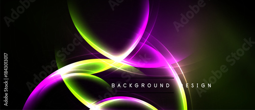 Abstract vibrant curves, glowing lines create dynamic background. Purple, green hues dominate dark space. Modern design element.