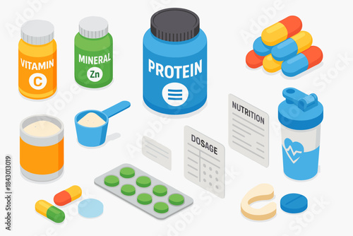 Nutrition and supplement isometric icon set. featuring vitamin, mineral, protein, dosage, and nutrition symbols