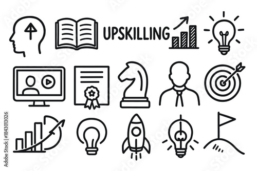 Personal development linear icon set. featuring head, book, growth, idea, video, certificate, strategy, target, negotiation, achievement symbols