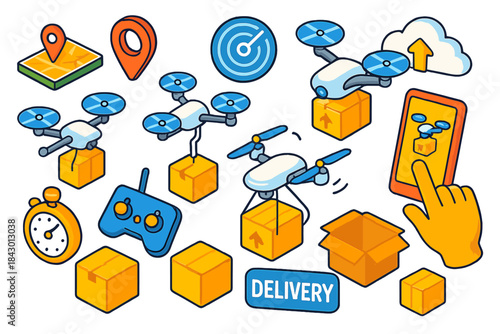 Logistics and delivery flat icon set. featuring drone, map, package, stopwatch, and controller symbols