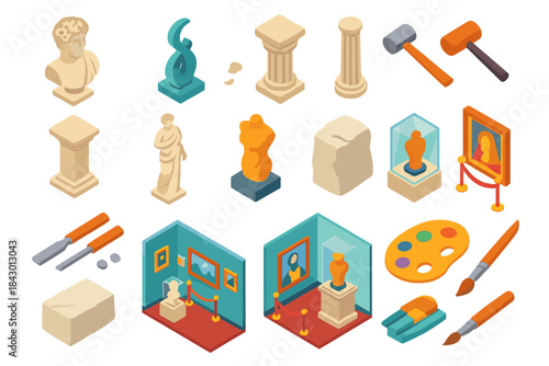 Art and sculpture isometric icon set. featuring statue, canvas, brush, palette, gallery, and chisel symbols