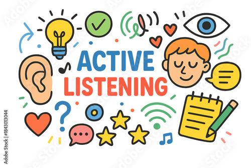 Active listening flat icon set. featuring ear, heart, stars, face, speech bubble, notes, sound, music, and eye symbols