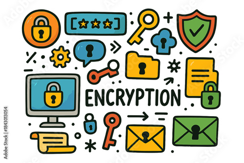 Cybersecurity doodle icon set. featuring encryption, padlock, shield, key, network, firewall, and antivirus symbols
