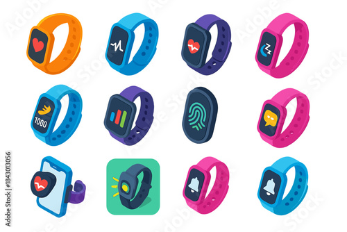 Fitness tracker flat icon set. heartbeat, steps, sleep, fingerprint, message, notification