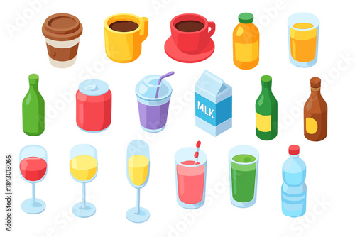 Beverages flat icon set. featuring coffee, tea, soda, juice, smoothie, milk, wine, beer, water, champagne