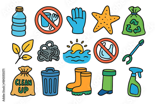 Environmental cleanup flat icon set. featuring recycling, no littering, gloves, garbage bag, leaf, and starfish symbols