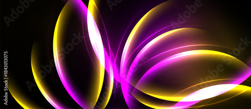 Abstract design features vibrant glowing curves, contrasting against dark background. Dynamic composition evokes energy, movement.