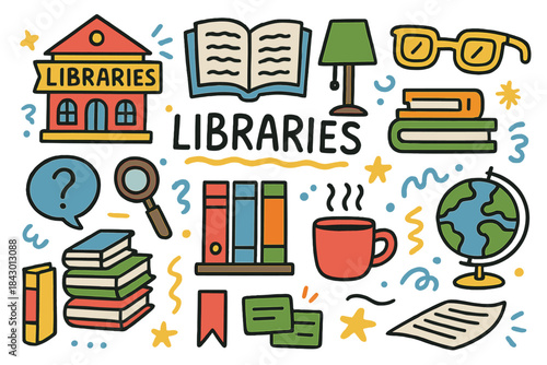 Library items flat icon set. featuring building, book, lamp, glasses, stack, cup, and globe symbols
