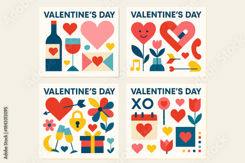 Valentine's day flat icon set. featuring heart, wine, gift, flower, arrow, and love letter symbols