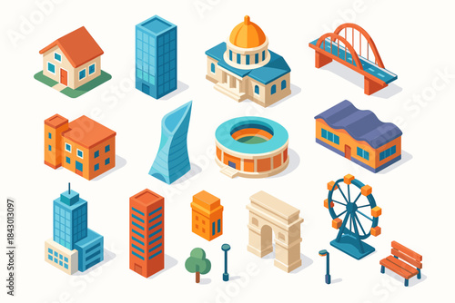 City landmarks isometric icon set. featuring house, skyscraper, capitol, bridge, museum, stadium, ferris wheel