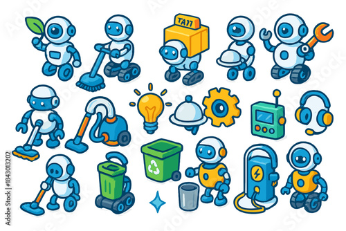Futuristic robot flat icon set. featuring cleaning, delivery, construction, maintenance, and recycling robots