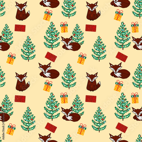 Seamless pattern of foxs, green Christmas tree, and gifts on yellow background. Design for fabric, wrapping paper, or digital backgrounds.