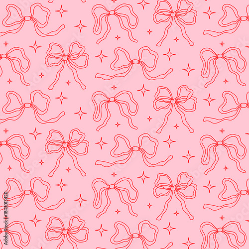 Seamless pattern with hand drawn ribbon bow outline on a soft pink background. Cute decorative girly design for fabric, wrapping paper, stationery and trendy packaging.