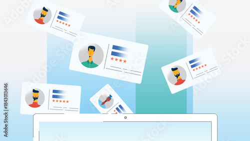 Customer reviews and ratings floating from a laptop screen