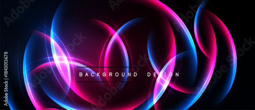 Abstract neon lights create dynamic curves, vibrant pinks, blues. Dark background emphasizes glowing shapes, modern design element.