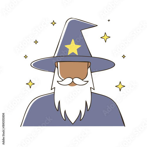 Cartoon Wizard with Pointed Hat and Star Illustration for Fantasy Themes and Magic Portrayals, Isolated