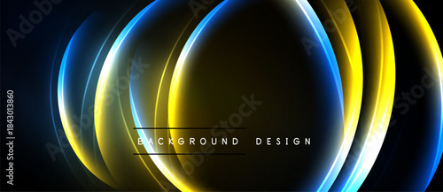 Abstract neon circles overlap, creating dynamic light effects. Dark background emphasizes vibrant blue, yellow glows. Modern design element.