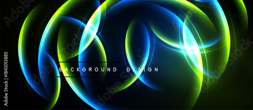 Abstract neon lights create flowing shapes. Vivid blue, green hues dominate dark background. Modern design element.